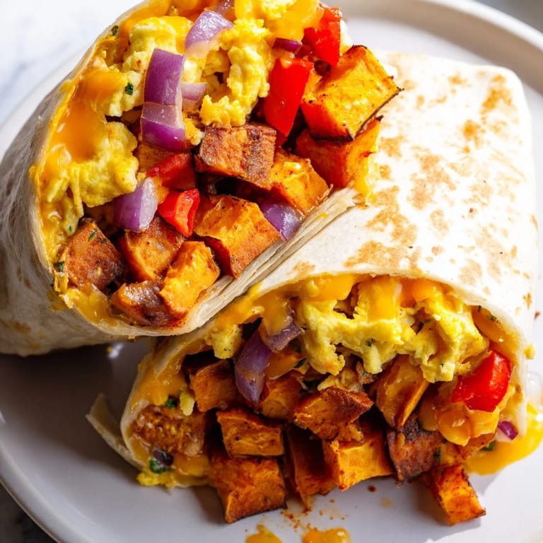 Enjoy a satisfying bite of savory sweet potato breakfast burritos, hot and cheese-filled.
