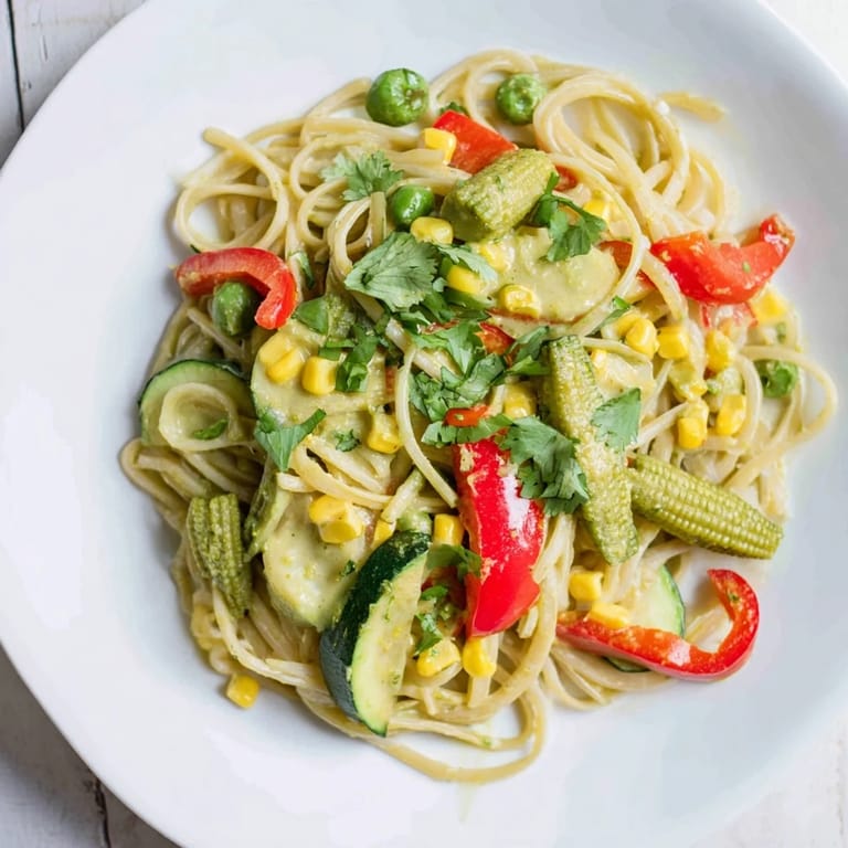 A steamy bowl of Thai Curry Pasta, with vibrant sauce coating the pasta and tender veggies.
