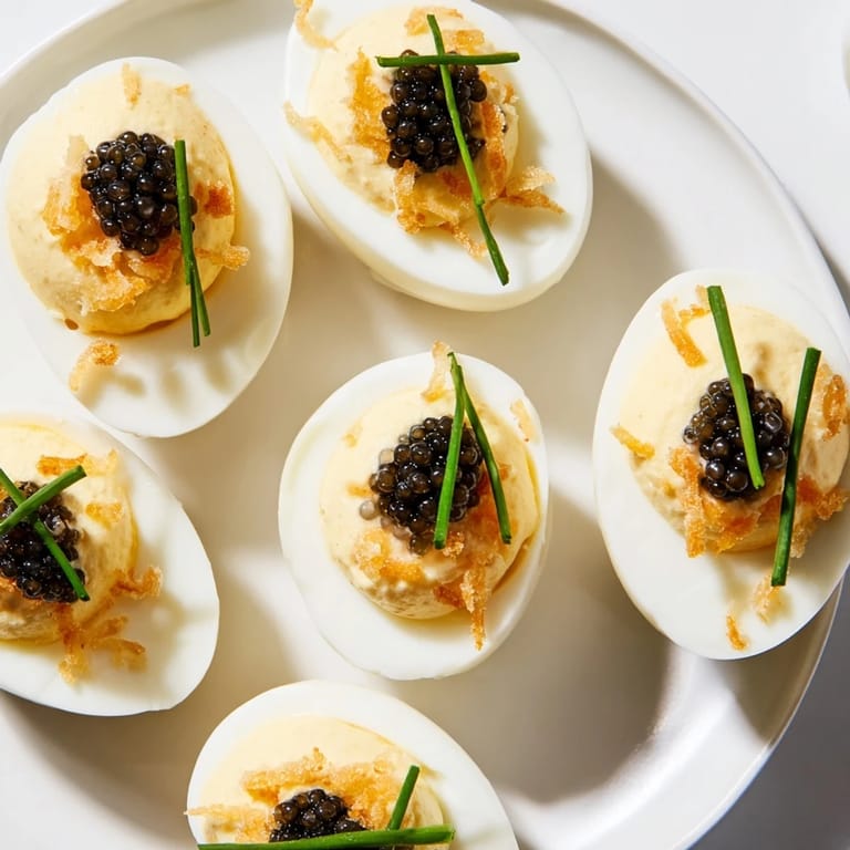 Creamy deviled eggs, delicately piped, adorned with luxurious caviar and crispy, golden shallots, ready to serve.