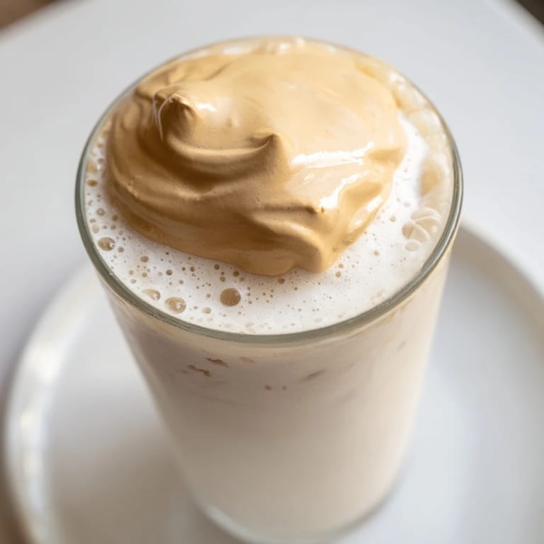 Luscious dollops of homemade whipped Dalgona coffee sitting above a glass of cool, refreshing milk.