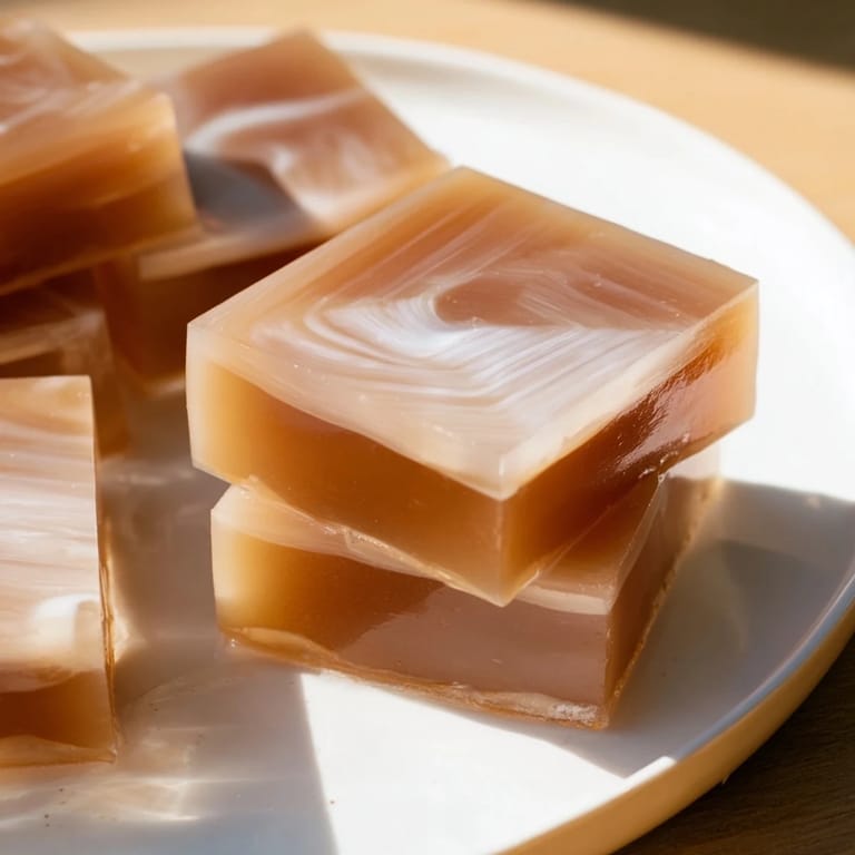 Cool, jiggly cubes of coffee jelly dessert rest under a dollop of sweet, vanilla-infused cream.