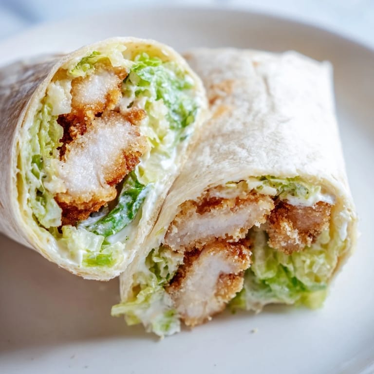 Hearty Crispy Chicken Caesar Wrap ingredients laid out: crispy chicken strips, chopped romaine, grated Parmesan, and creamy Caesar dressing ready to roll.