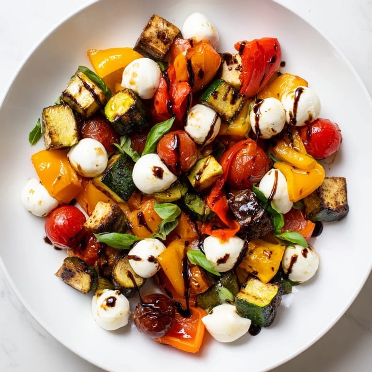 Golden roasted vegetables and mozzarella pearls make this Roasted Veggie Caprese Salad a colorful, fresh twist on the classic Caprese, perfect for summer gatherings.
