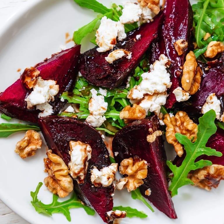 A colorful serving of Roasted Beet Goat Cheese Salad with ruby beets, goat cheese, and walnuts on arugula.