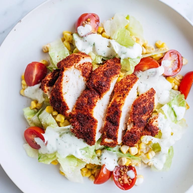 Grilled BBQ Chicken Salad showcases tender, saucy chicken on romaine with charred corn, black beans, and avocado slices, ideal for summer dinners.