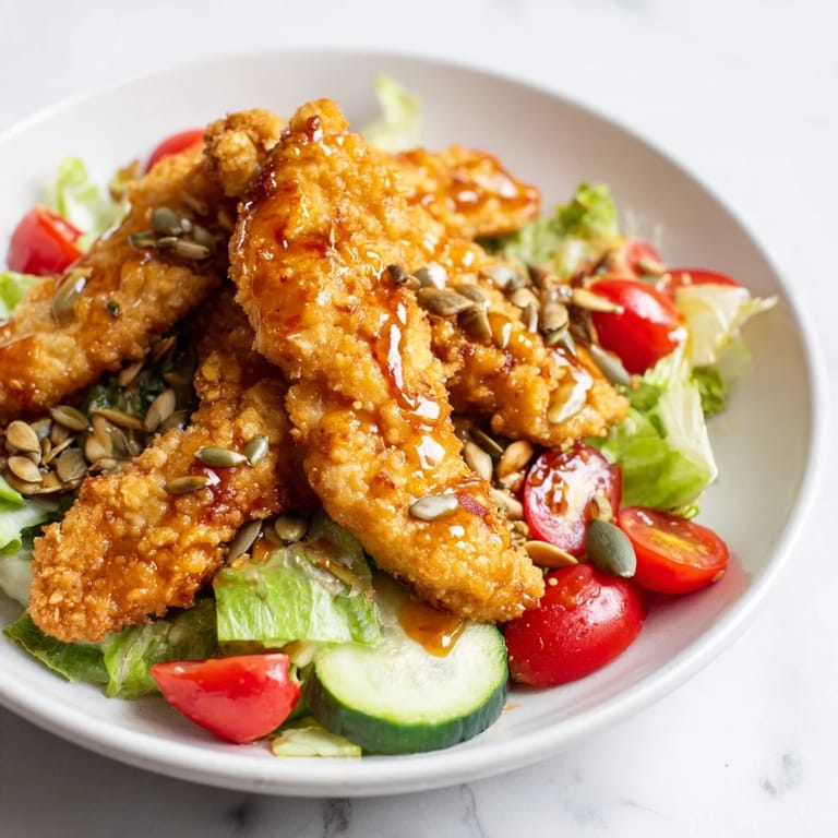 Freshly fried panko-breaded chicken rests on a bed of crisp romaine and vibrant veggies, topped with a sweet heat hot honey glaze and mixed roasted seeds.