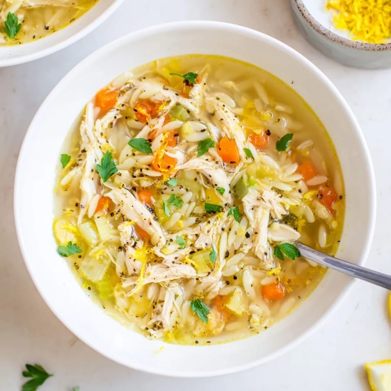 Freshly cooked Lemon Pepper Chicken Orzo Soup in a rustic bowl with steam rising.  