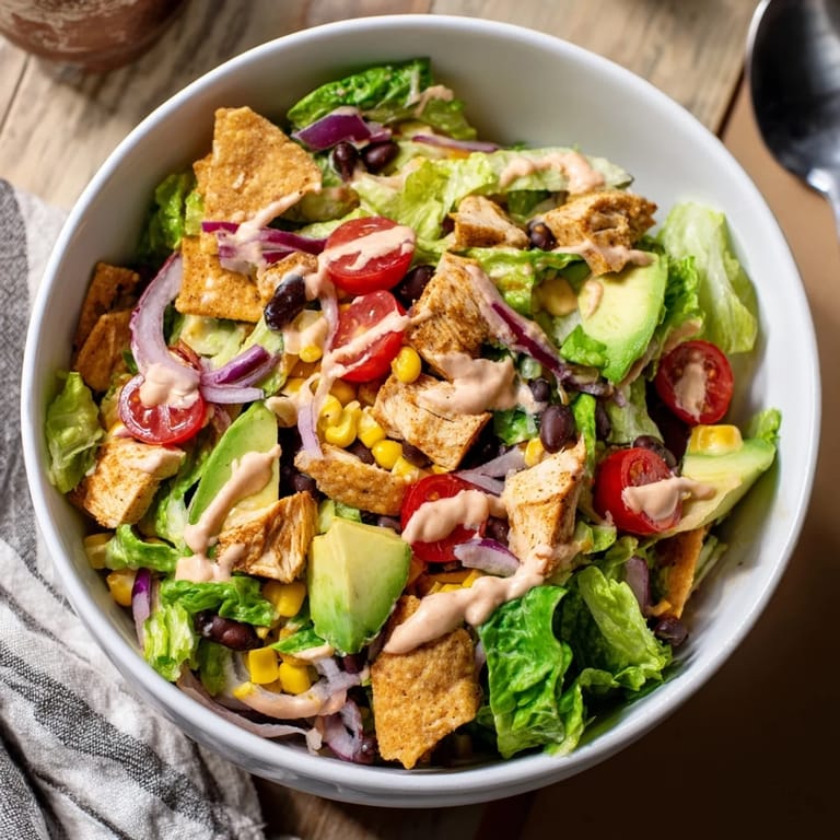 Top-down view of Chicken Taco Chopped Salad garnished with crushed tortilla chips and avocado.