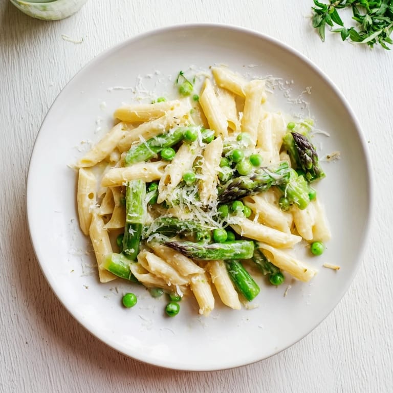 A steaming skillet of Garlic Parmesan Spring Vegetable Pasta, featuring a medley of spring vegetables and penne tossed in a light, velvety Parmesan sauce.
