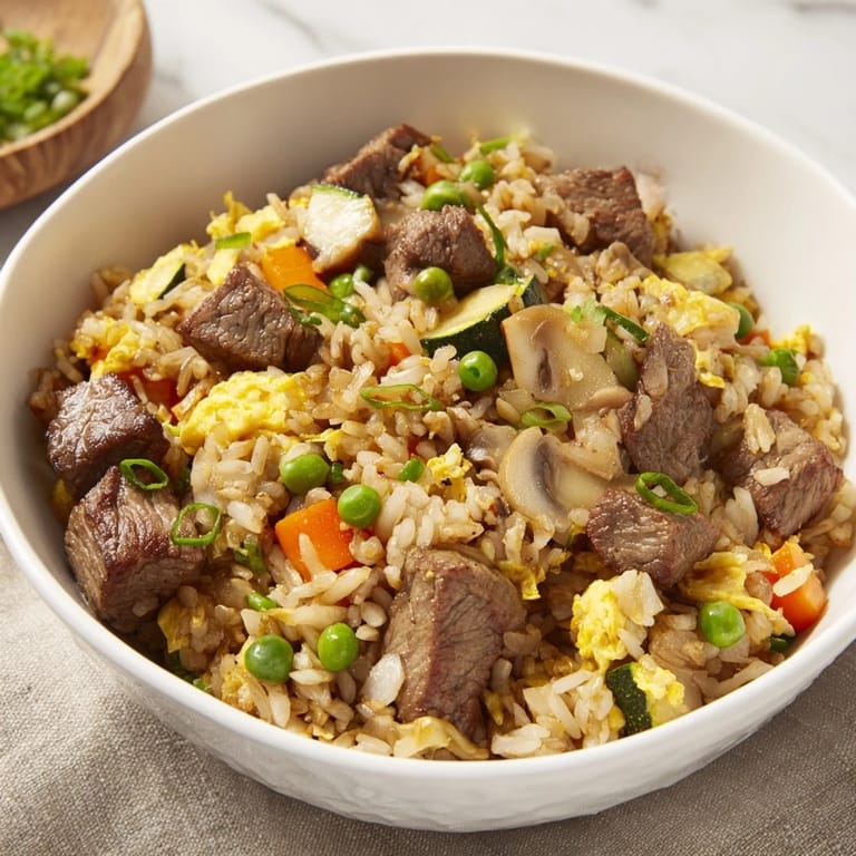 Savory one-pan hibachi steak and vegetable fried rice, drizzled with soy sauce and butter, ready to serve four for an easy cleanup dinner.