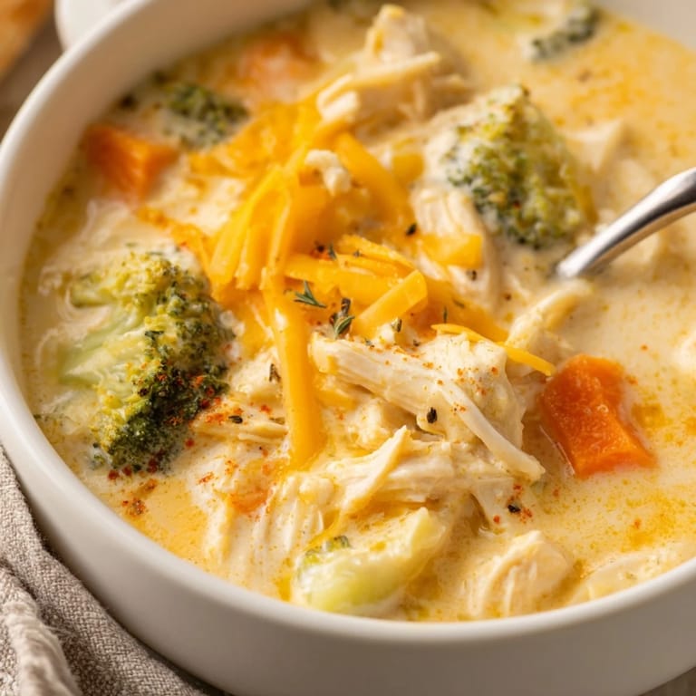 Comforting bowl of Chicken Broccoli Cheddar Soup, garnished with extra shredded cheese and parsley, served beside a slice of crusty bread.