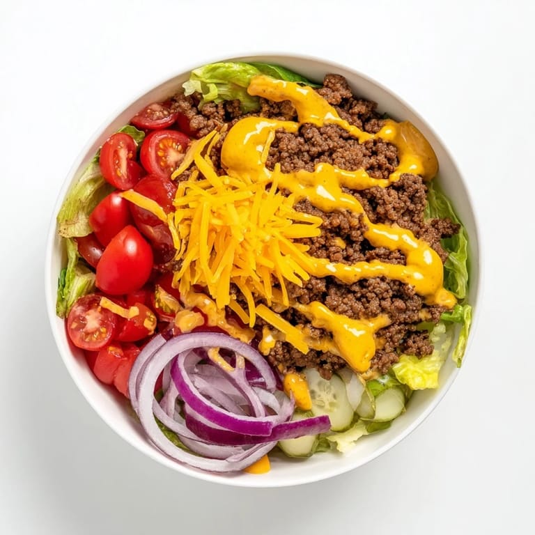 A bowl of Easy Big Mac in a Bowl featuring a creamy special sauce drizzle over fresh toppings.