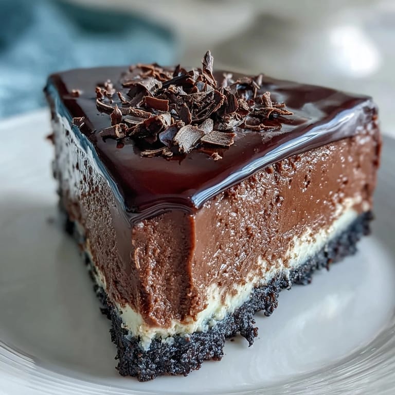 Glossy Lighter Chocolate Cottage Cheese Cheesecake swirls with chocolate shavings.