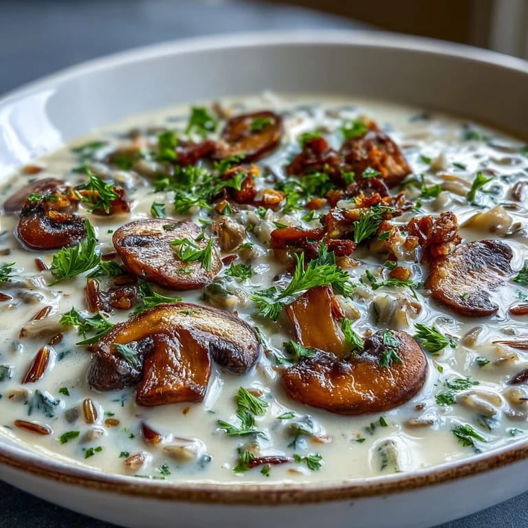 Velvety wild rice mushroom soup, perfect for a cozy autumn lunch.