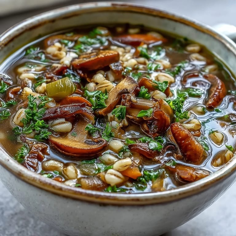 Delicious Mushroom Barley Soup bursting with vegetables, a classic deli favorite.