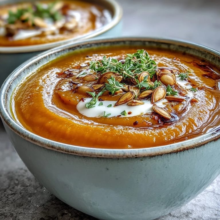 Creamy roasted butternut squash soup, garnished with seeds, a cozy delight.