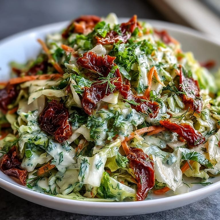 This fresh Cabbage Salad With Sundried Tomatoes includes red bell pepper and spring onions, tossed in a herby vinaigrette.
