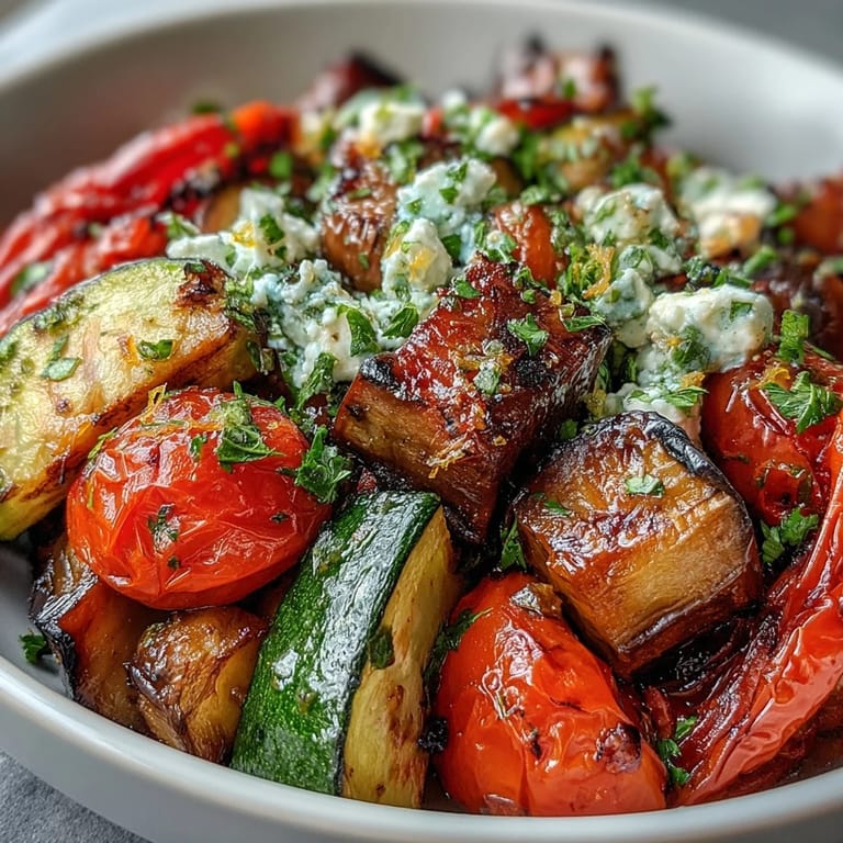 Savory roasted Mediterranean Greek vegetables served warm over couscous, garnished with feta and lemon wedges on a rustic table.