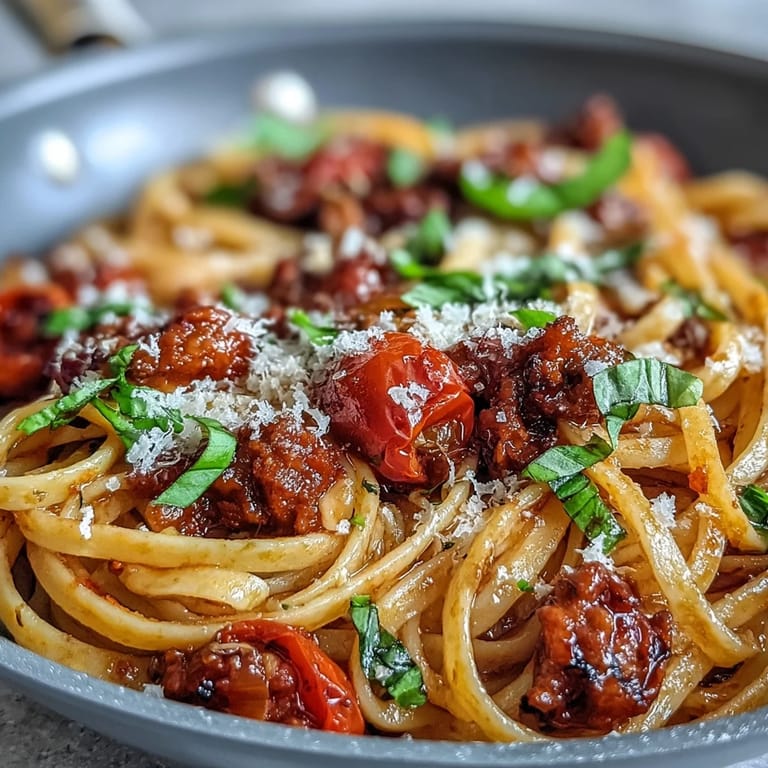 Tender pasta and browned sausage glisten in a wine-kissed tomato sauce, finished with torn basil leaves and a snow-like dusting of Parmesan cheese.
