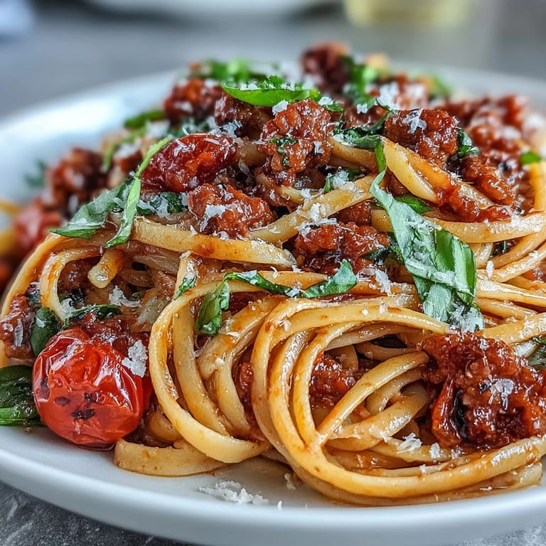 A colorful bowl of Italian Drunken Noodles, with juicy tomatoes and herbs, paired with a glass of Chianti on a rustic dinner table.