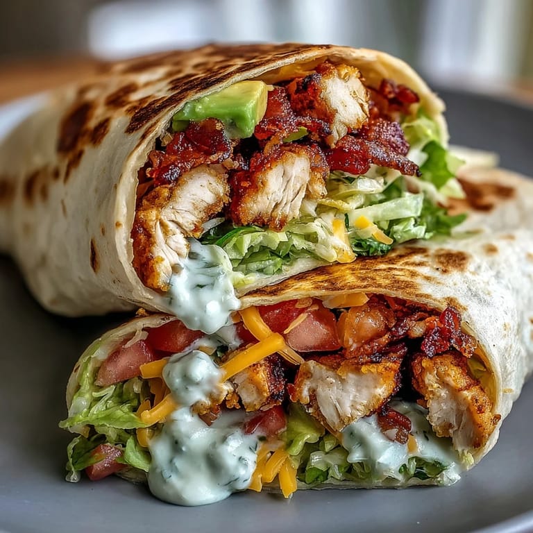 Crispy Chicken Bacon Wrap cut in half, showing juicy chicken, crunchy bacon, and tangy mayo sauce on a wooden board.