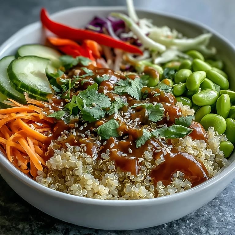 Colorful Thai Coconut Quinoa Bowl topped with edamame and cabbage, garnished with sesame seeds and cilantro.