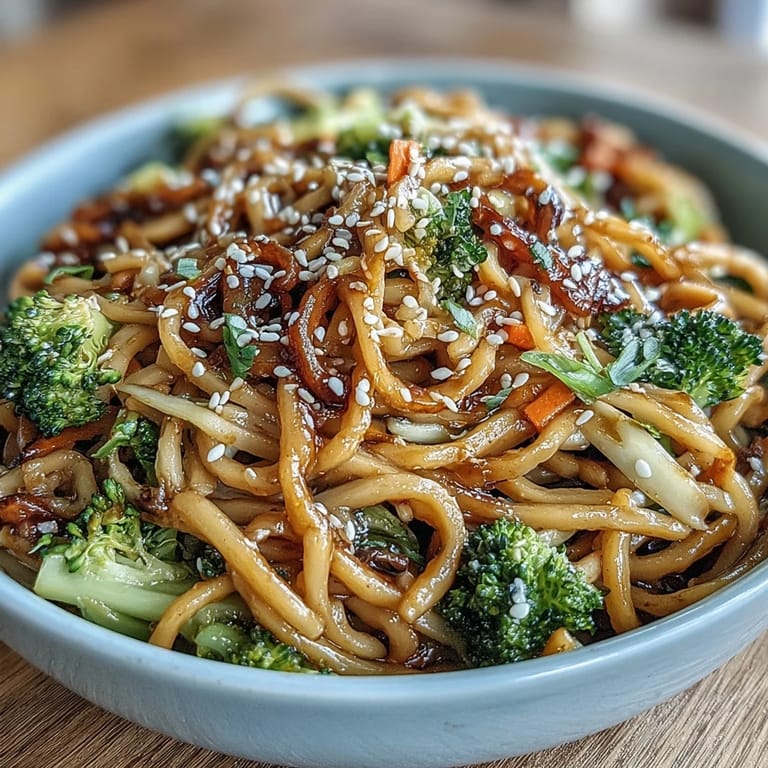 Freshly prepared Asian Teriyaki Noodle Bowl topped with toasted sesame seeds and sliced green onions, perfect for a quick vegetarian dinner or meal prep.