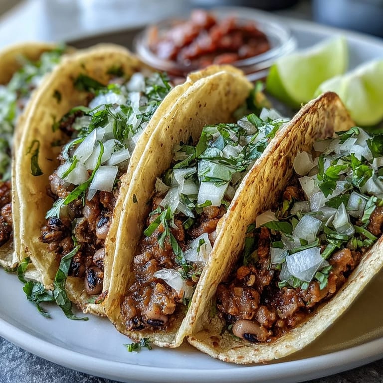 Golden-brown charred edges on warm flour tortillas hold a hearty, cumin-spiced black-eyed pea mash, garnished with fresh cilantro and served with a side of vibrant red salsa for Black-Eyed Pea Tacos.  