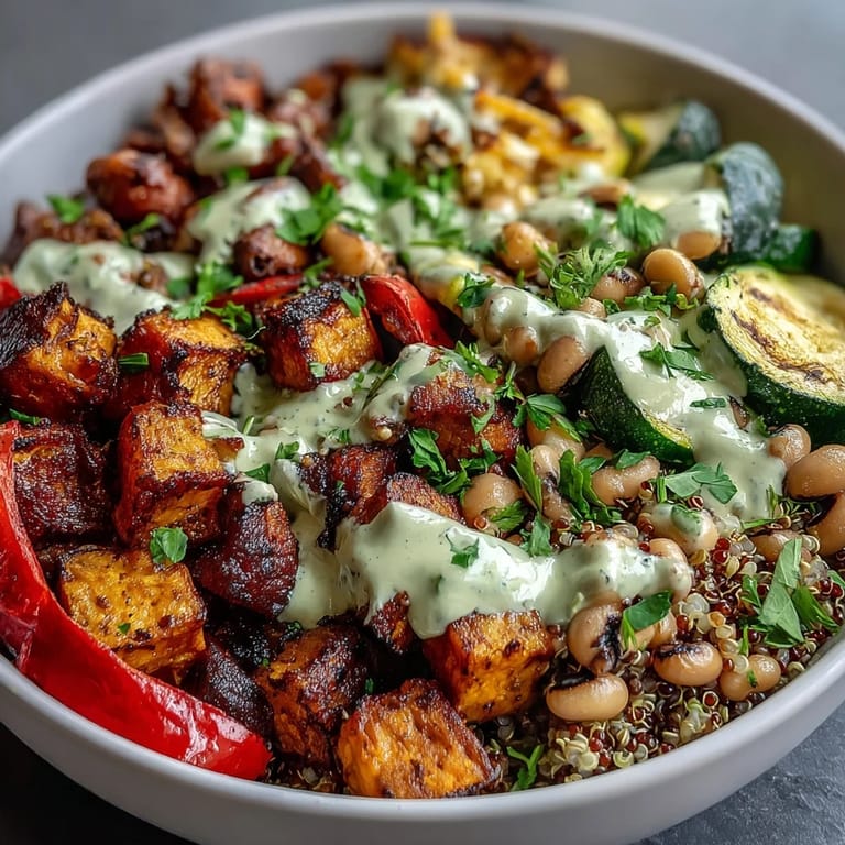 Fork-tender roasted vegetables and warm black-eyed peas top a wholesome grain base, finished with a drizzle of rich tahini dressing.