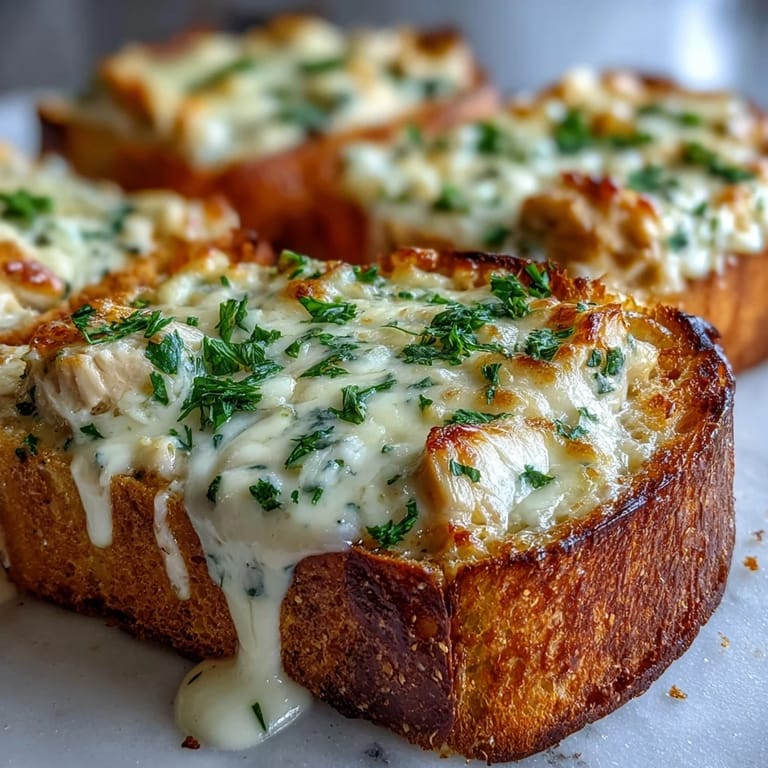 Cheesy Chicken Alfredo Garlic Bread bubbling under the broiler, ready to be sliced and served.