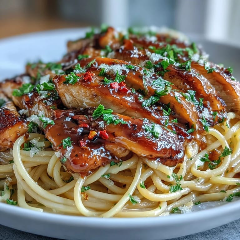 Close-up of Sticky Honey Garlic Chicken Pasta, creamy sauce clinging to noodles with grated Parmesan and juicy sliced chicken.