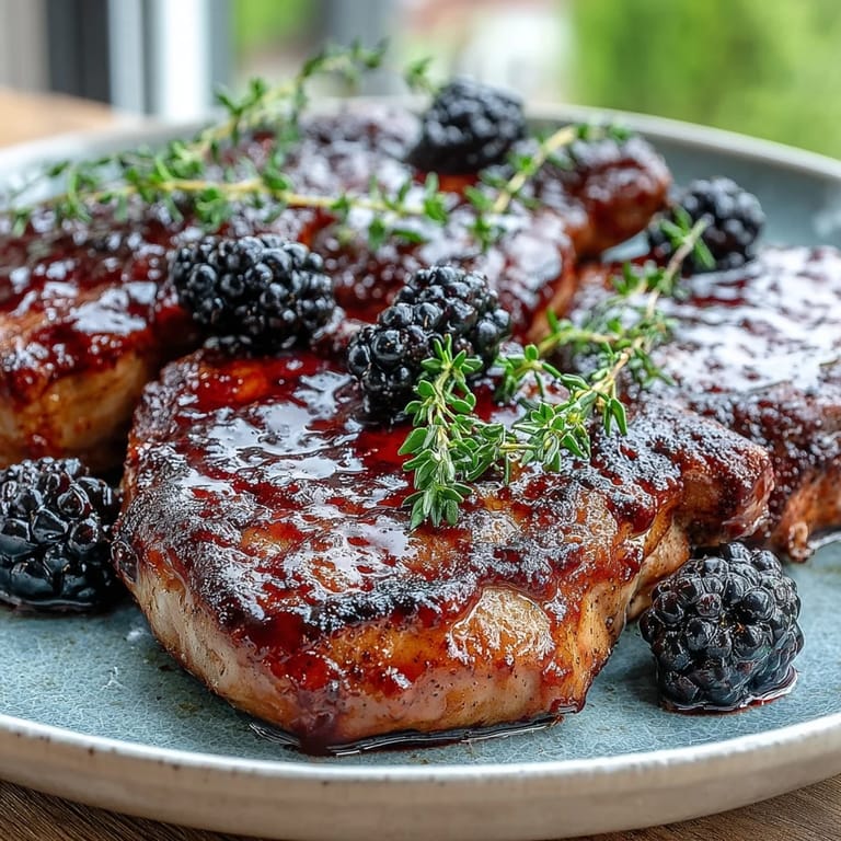 Close-up of glazed Bourbon Blackberry Pork Chops garnished with thyme, paired with roasted potatoes on a rustic plate.