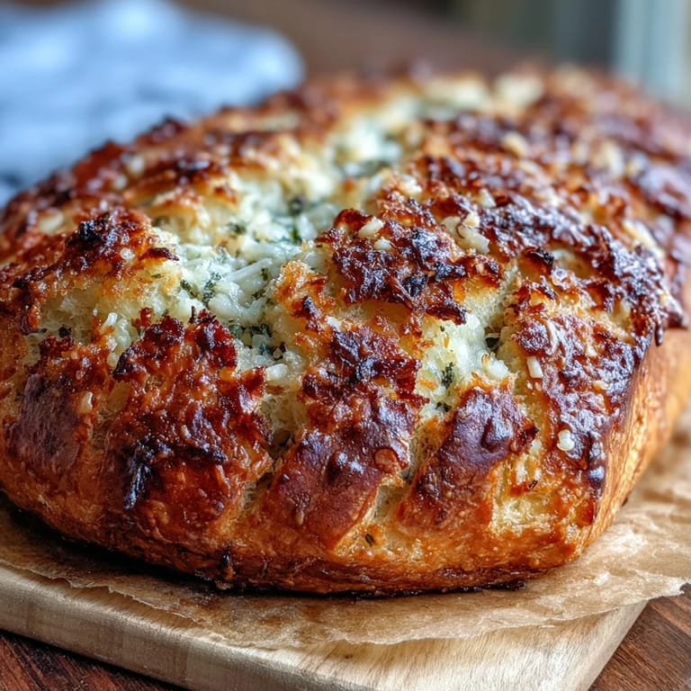 Golden-brown Perfect Parmesan Garlic Artisan Bread, sliced to reveal a tender, cheesy, garlic-studded crumb.