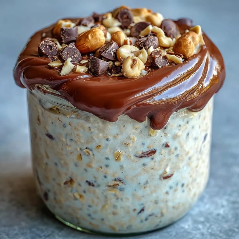 Peanut Butter Cup Overnight Oats with creamy oats, chocolate ganache, and a dollop of Greek yogurt.