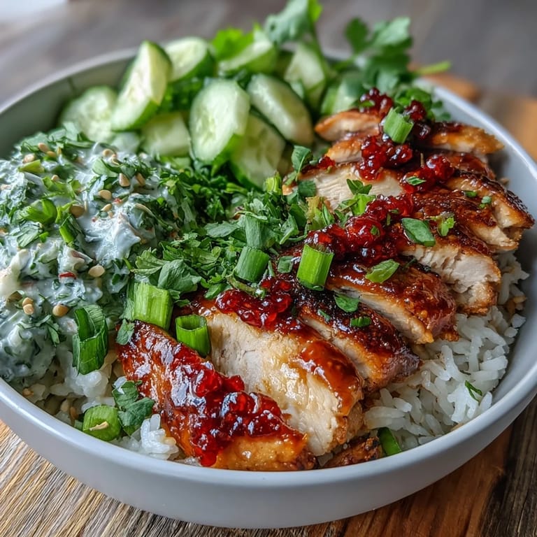 Freshly prepared TikTok Chili-Crisp Cucumber Chicken Bowl with marinated chicken, crunchy cucumbers, sesame seeds, and a drizzle of spicy chili crisp.
