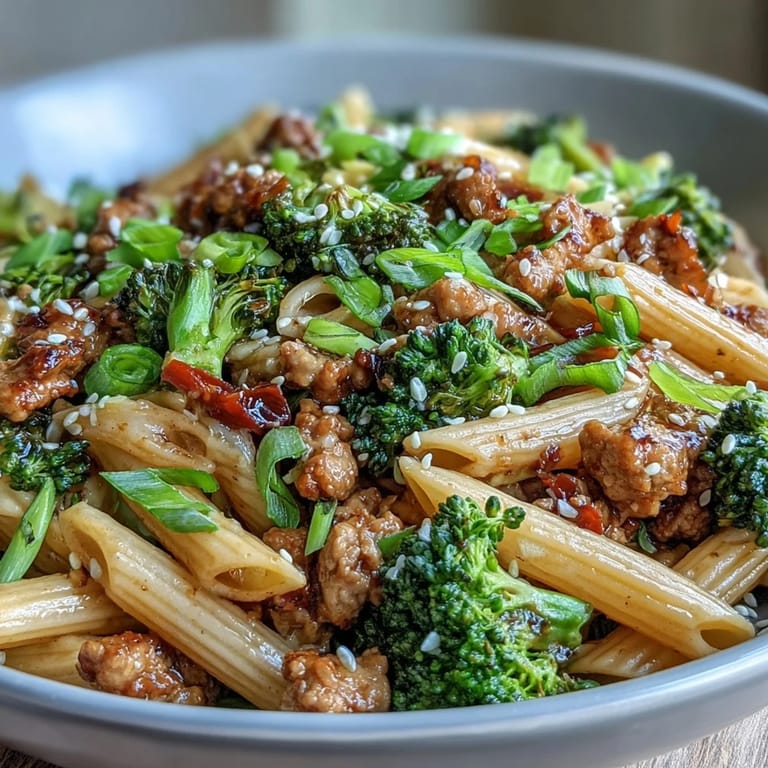 Steaming bowl of Sweet & Spicy Turkey Broccoli Pasta topped with green onions and sesame seeds, perfect for a quick weeknight dinner.