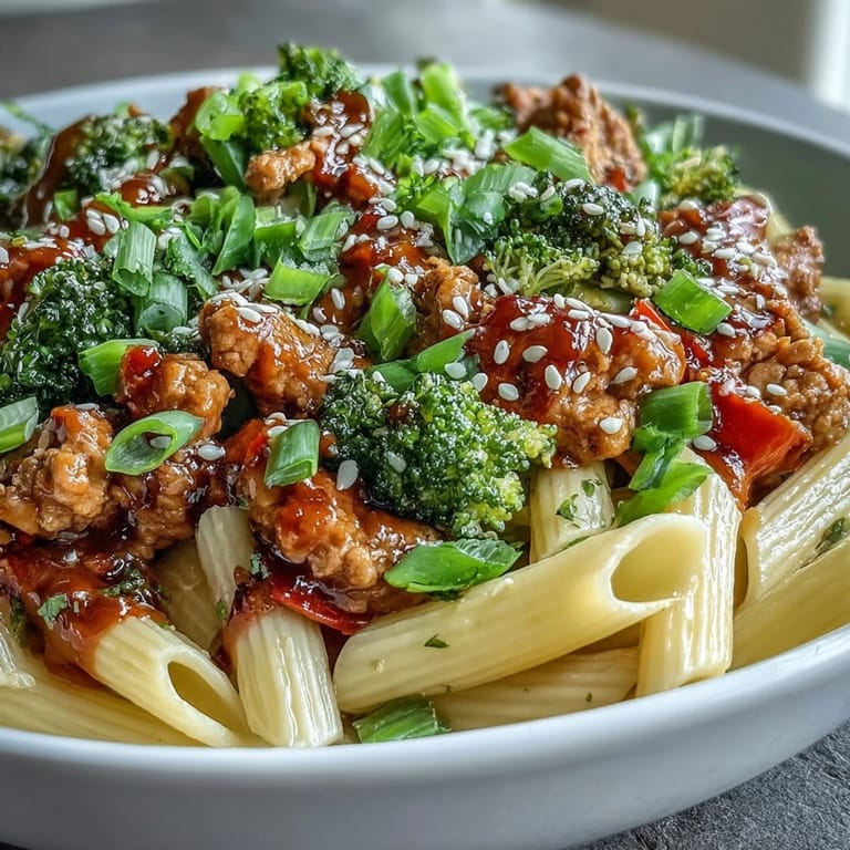 Sizzling skillet of Sweet & Spicy Turkey Broccoli Pasta with diced red bell peppers and penne, ready to serve for a family meal.