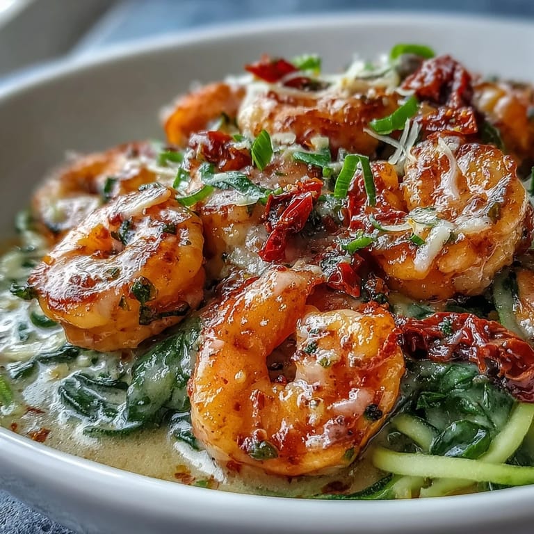 Freshly spiralized zucchini noodles tossed with Keto Creamy Garlic Tuscan Shrimp, topped with grated Parmesan and vibrant spinach.