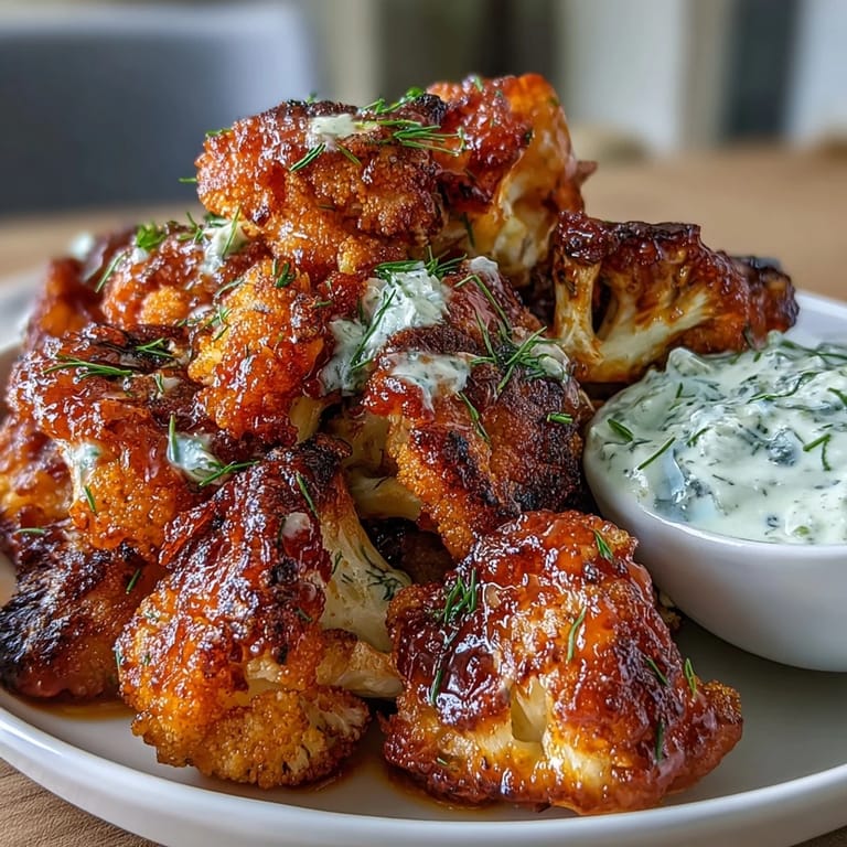 Spicy buffalo cauliflower wings with a side of herby ranch yogurt dip, offering a crunchy, flavorful, vegetarian twist on classic game-day wings.