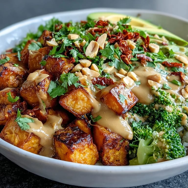 Vibrant Buddha bowl featuring roasted sweet potatoes, crunchy vegetables, and rich Thai peanut sauce, garnished with cilantro and peanuts for extra flavor.