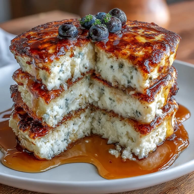 Light and protein-packed cottage cheese pancakes topped with maple syrup and a sprinkle of cinnamon.