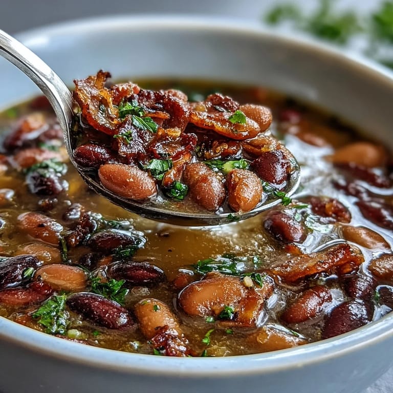 Slow-cooked 15-bean soup with ham bone, featuring a hearty mix of legumes, carrots, celery, and smoky paprika seasoning.