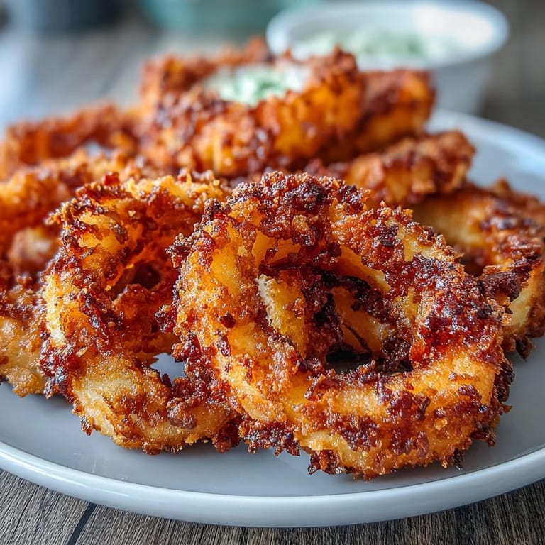 Crispy air fryer onion rings with Parmesan crust and zesty garlic aioli dip, ideal for sharing.