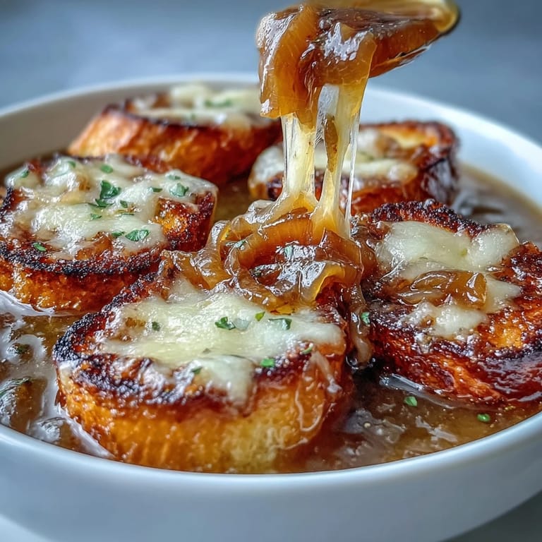 Warm bowl of French onion soup topped with bubbling Gruyere crostini, featuring deeply caramelized onions and toasted sourdough for a classic French bistro experience.  