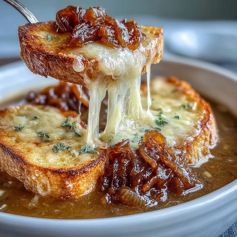 Hearty French onion soup with slow-simmered caramelized onions, crowned with golden sourdough crostini loaded with melted Gruyere cheese, served piping hot.
