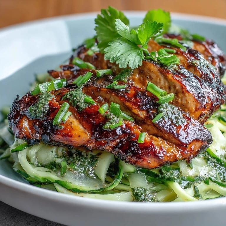 Crisp spiralized cucumber noodles tossed with colorful vegetables, topped with smoky chili-lime grilled chicken slices in a light, refreshing salad.