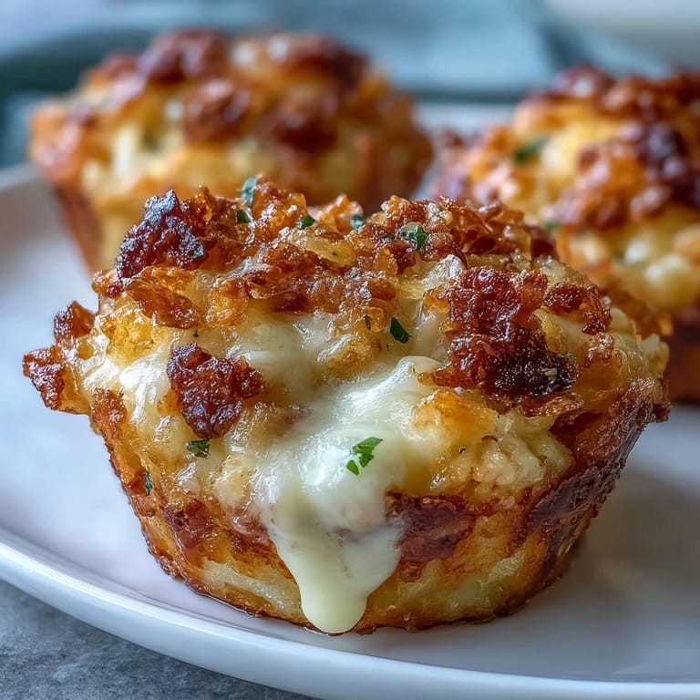 Savory funeral potatoes in muffin form, featuring tender hash browns, sour cream, and a buttery crust.