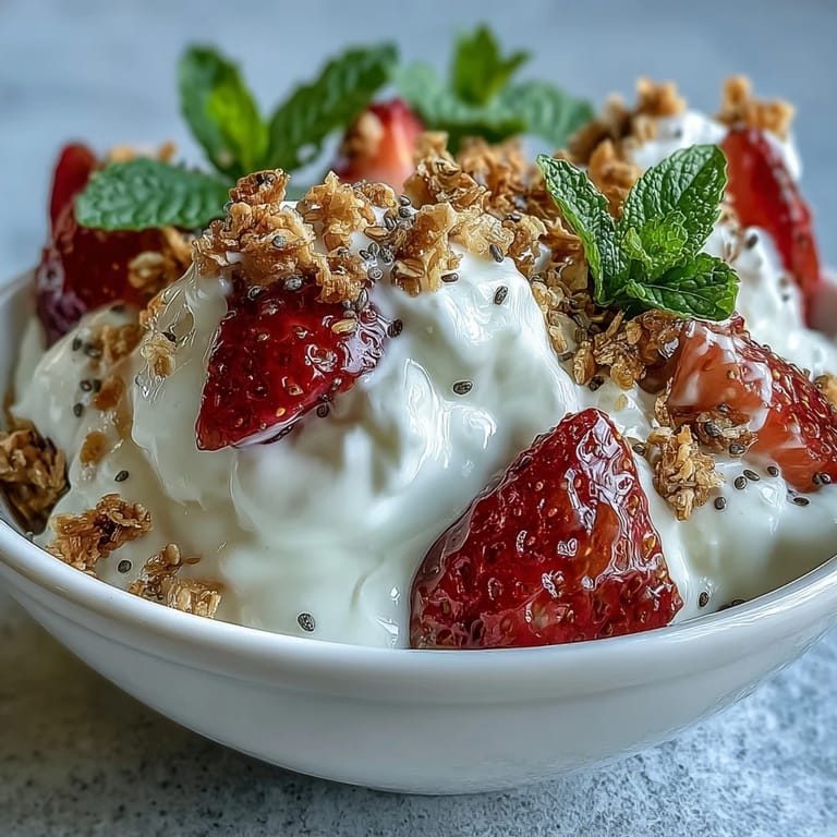 Whipped Greek yogurt base with sweet strawberries and nutty granola crunch, garnished with mint for a refreshing morning treat.