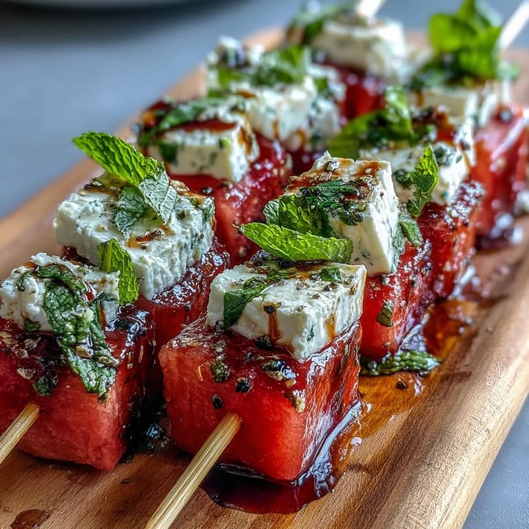 Refreshing appetizer skewers featuring juicy watermelon, creamy feta, and fresh mint leaves for a Mediterranean-inspired treat.