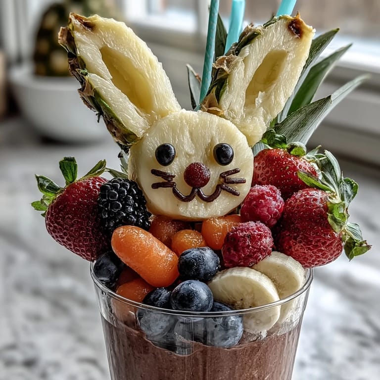 Adorable bunny fruit cups—kid-friendly Easter treat featuring fresh fruit and sweet marshmallow bunny decorations.